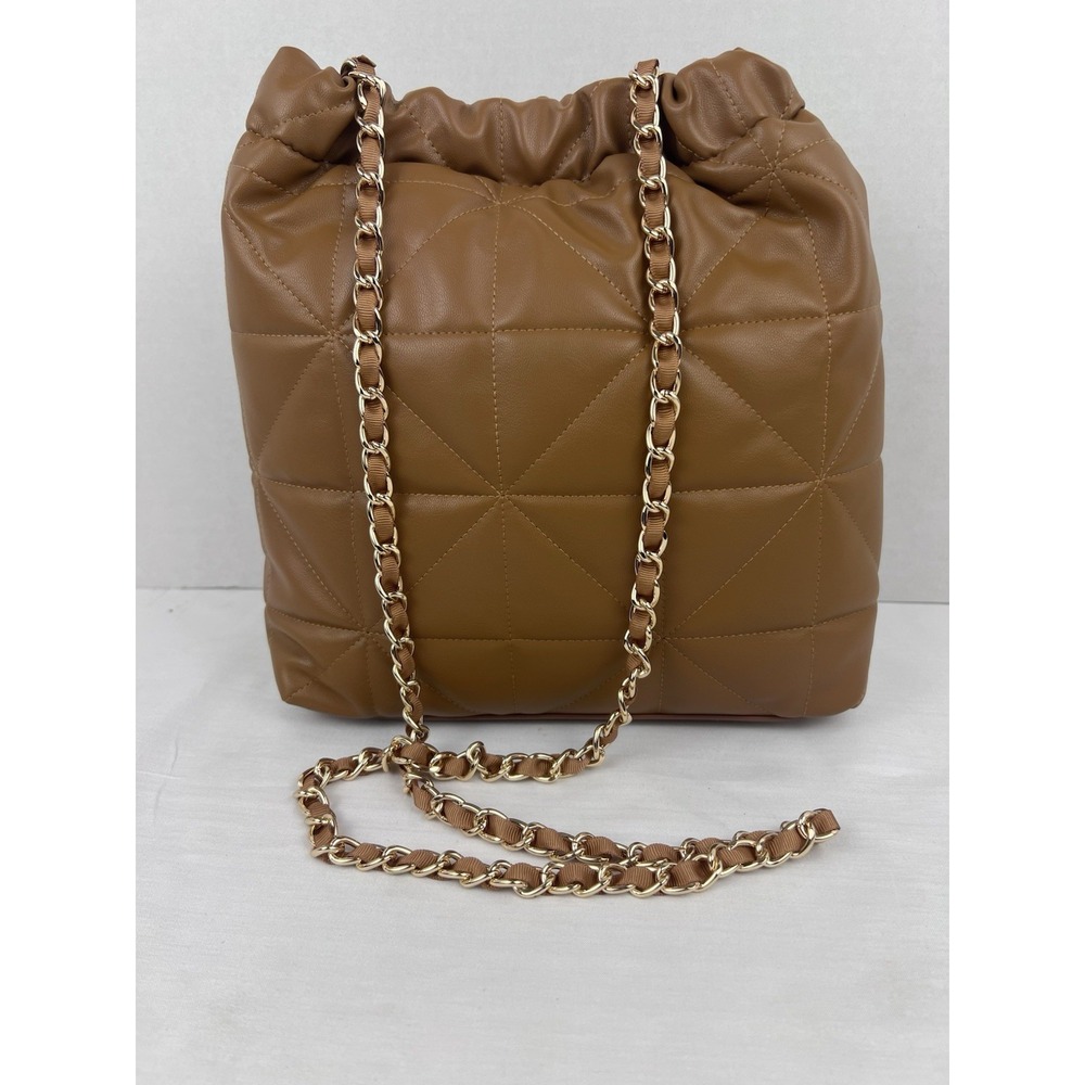 A‎ New Day Quilted Puffer Tote Bag Camel Brown Gold Chain Shoulder Purse NWOT